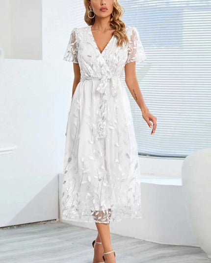 Sequin Leaf Embroidery Tie Front Short Sleeve Dress