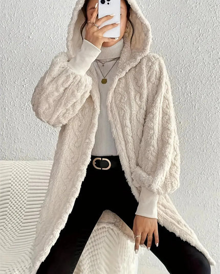 Cozy Hooded Fuzzy Jacket with Open Front and Long Sleeves