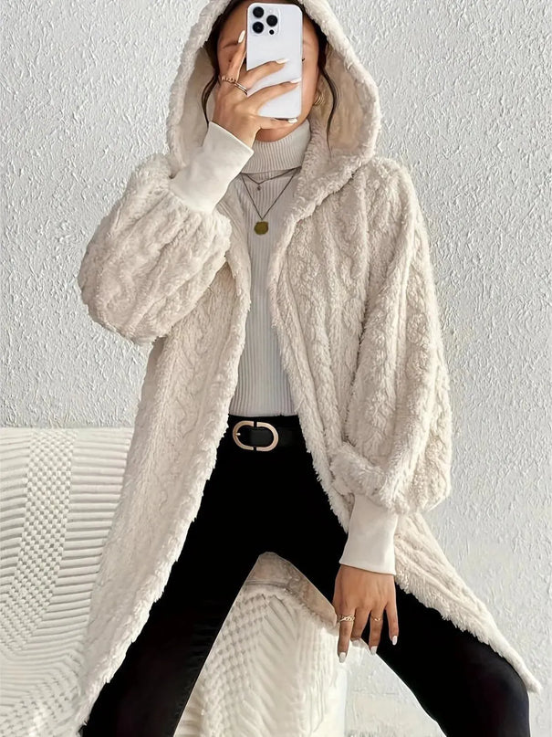 Cozy Hooded Fuzzy Jacket with Open Front and Long Sleeves