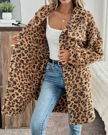 Leopard Button Up Long Sleeve Fuzzy Coat - ShopEasier