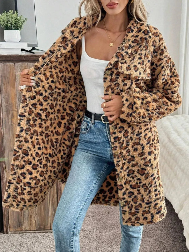 Leopard Button Up Long Sleeve Fuzzy Coat - ShopEasier