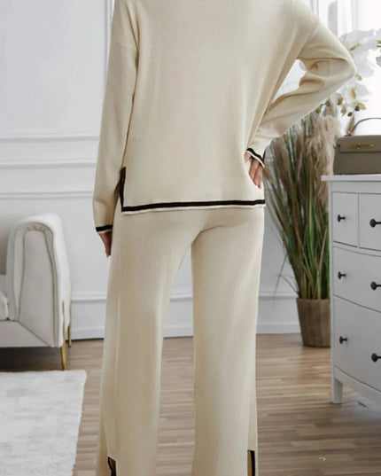 Two-Piece Contrast Trim Sweater Set with Round Neck Top and Pants