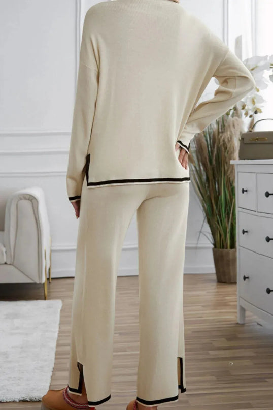 Two-Piece Contrast Trim Sweater Set with Round Neck Top and Pants