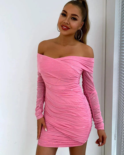 Glitter Ruched Off-Shoulder Long Sleeve Bodycon Dress