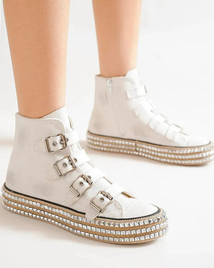 Beast Fashion Multi-Buckle Straps Studded Platform Sneakers