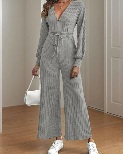 V-Neck Long Sleeve Wide Leg Jumpsuit - ShopEasier