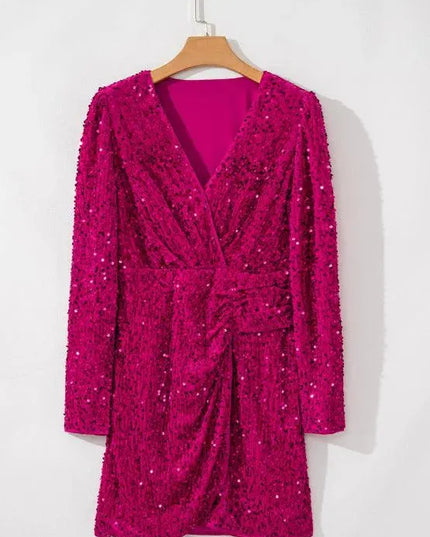 Sequin Surplice Long Sleeve Mini Dress