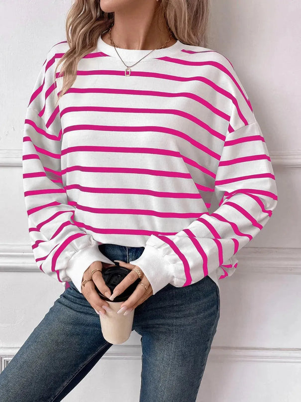 Chic Striped Round Neck Long Sleeve Sweatshirt