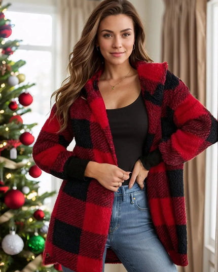 Plaid Long Sleeve Hooded Coat - ShopEasier