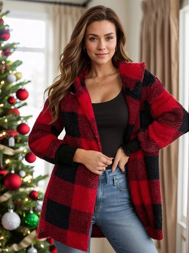 Plaid Long Sleeve Hooded Coat - ShopEasier