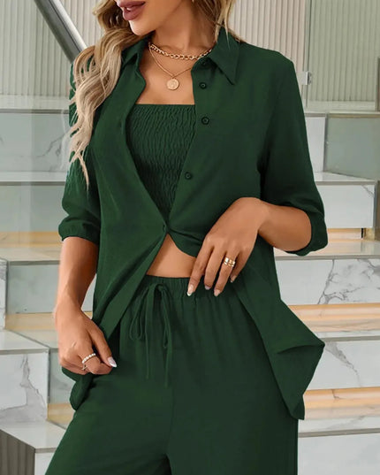 Three-Piece Smocked Crop Top, Button-Up Shirt, and Drawstring Trousers Set