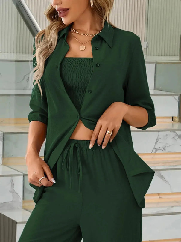 Three-Piece Smocked Crop Top, Button-Up Shirt, and Drawstring Trousers Set