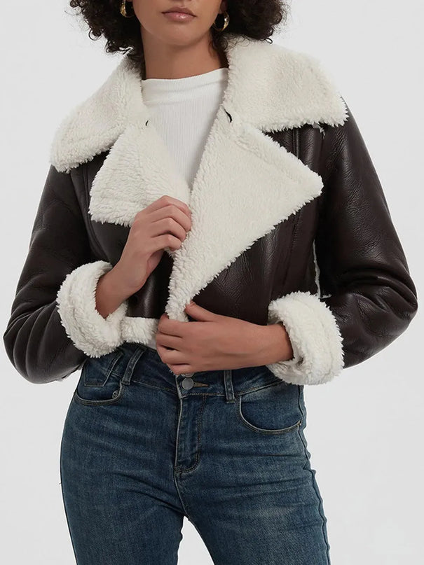 Collared Neck Long Sleeve Plush Cropped Jacket - ShopEasier