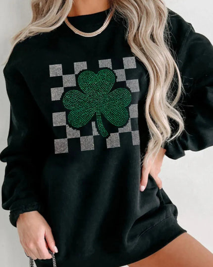 Rhinestone-Embellished Checkered Clover Crewneck Sweatshirt