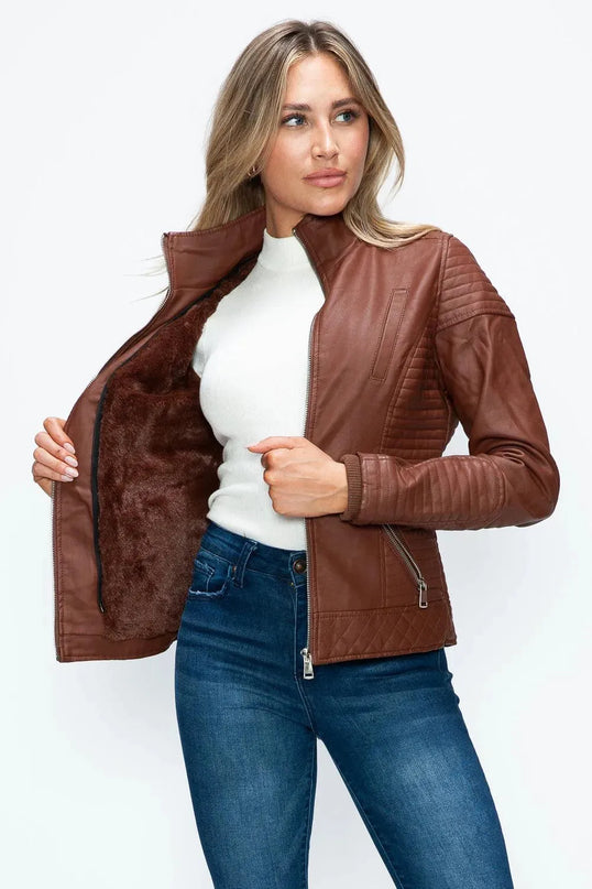 YMI Faux Layered Double-Zipper Jacket with Fuzzy Hood - ShopEasier