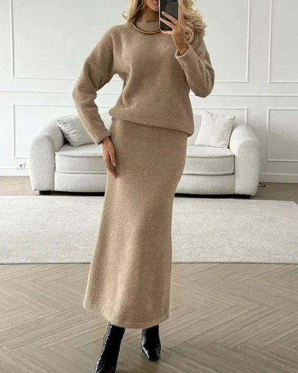 Round Neck Dropped Shoulder Top and Midi Skirt Sweater Set