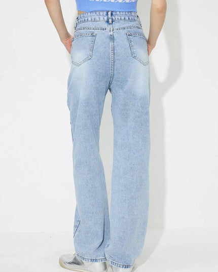 Flower High Rise Straight Leg Jeans with Pockets - ShopEasier