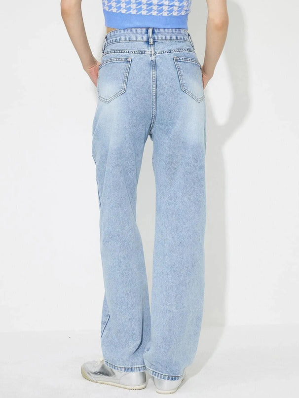 Flower High Rise Straight Leg Jeans with Pockets - ShopEasier