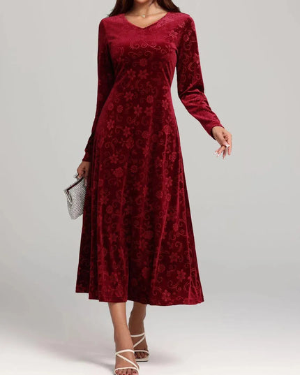 Flower Print V-Neck Long Sleeve Midi Dress