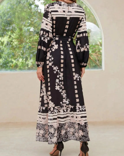 Printed Round Neck Long Sleeve Maxi Dress with Pockets