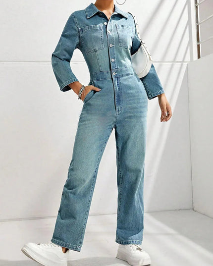 Half Button Long Sleeve Straight Leg Denim Jumpsuit - ShopEasier