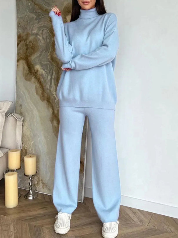 Turtleneck Long Sleeve Top and Drawstring Pants Sweater Set - ShopEasier