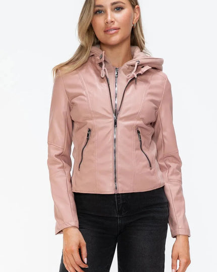 Snobbish Faux Leather Zip Up Drawstring Hooded Jacket - ShopEasier