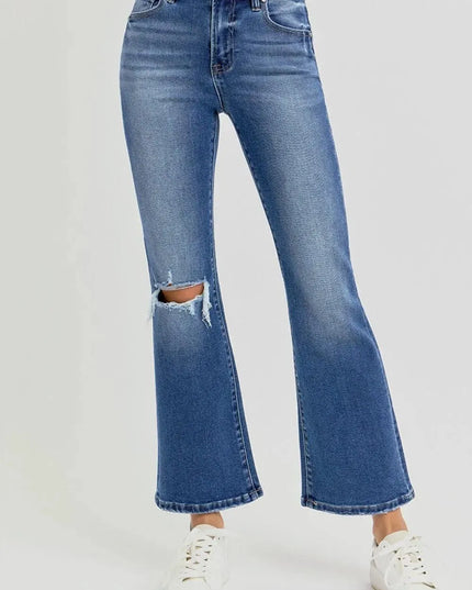 RISEN Full Size Distressed High Rise Crop Flare Jeans - ShopEasier