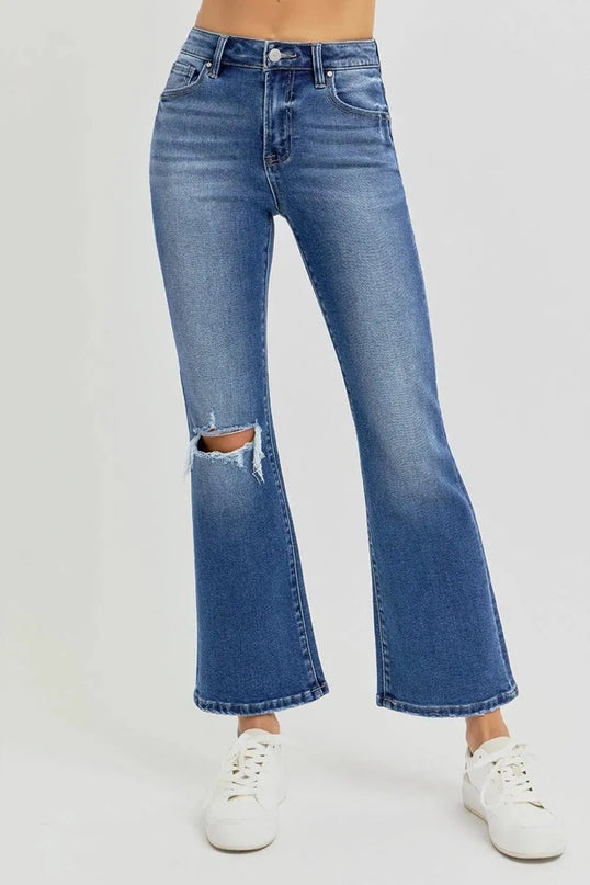 RISEN Full Size Distressed High Rise Crop Flare Jeans - ShopEasier