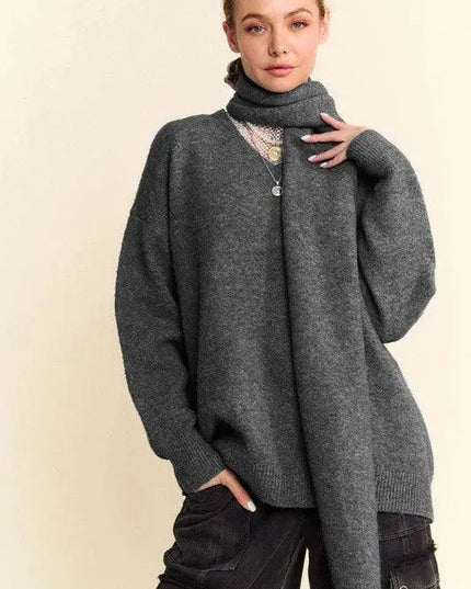 Cozy V-Neck Sweater and Scarf Set with Dropped Shoulders