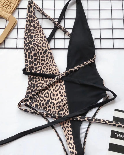 Tied Leopard Plunge One-Piece Swimwear