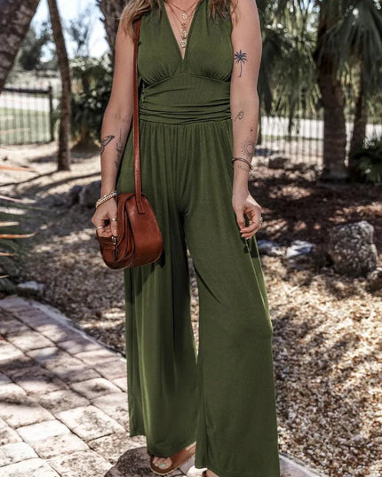 V-Neck Sleeveless Wide Leg Jumpsuit - ShopEasier