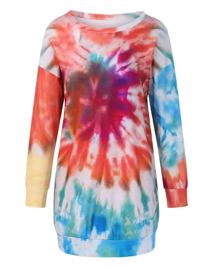 Vestido de manga larga con cuello redondo y efecto tie-dye de tamaño completo