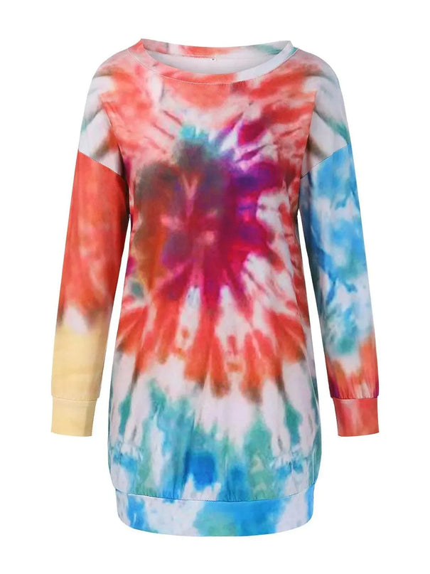 Vestido de manga larga con cuello redondo y efecto tie-dye de tamaño completo