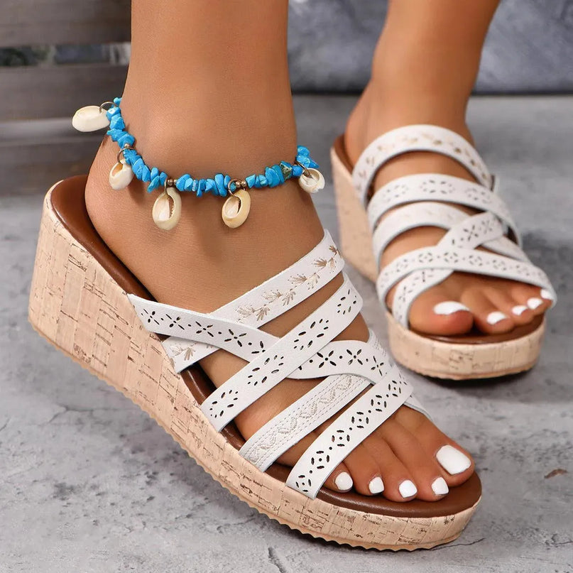 Chic Crisscross Mid Heel Wedge Sandals in PU Leather