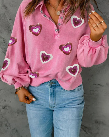 Heart Sequin Half Snap Mineral Wash Sweatshirt