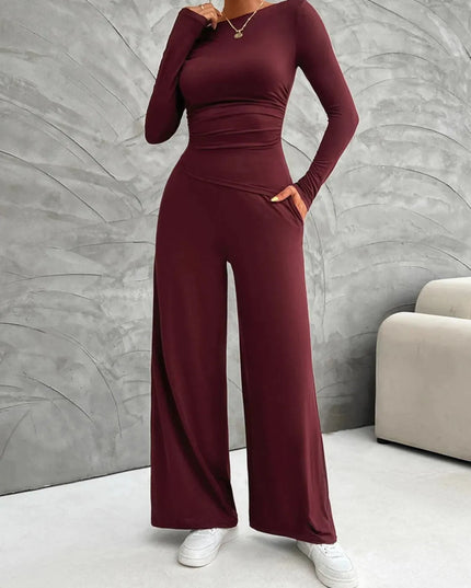 Chic Long Sleeve Top and Flowy Wide Leg Pants Ensemble