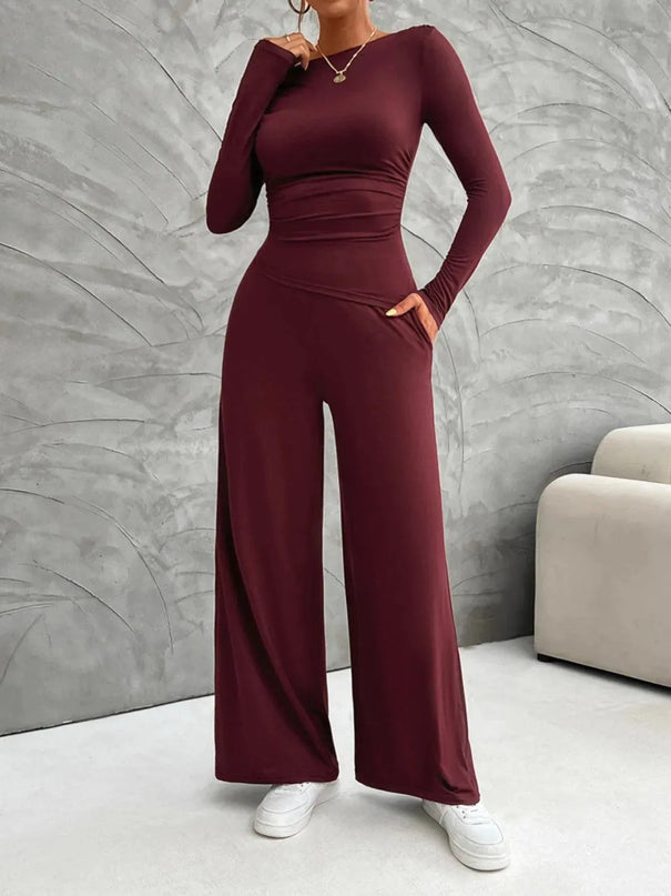 Chic Long Sleeve Top and Flowy Wide Leg Pants Ensemble