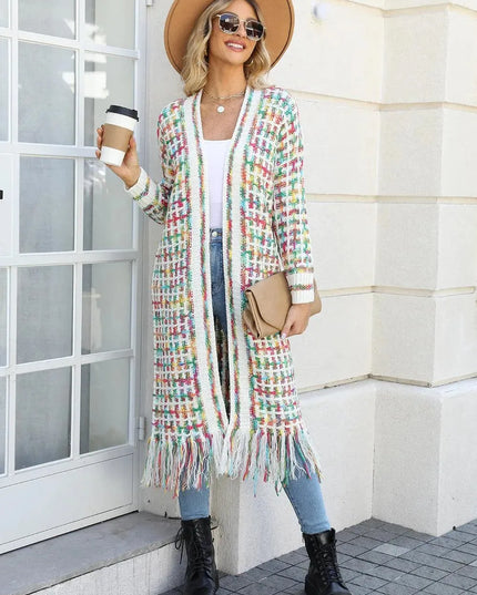 Angel Wings Full Size Multicolored Open Front Fringe Hem Cardigan - ShopEasier