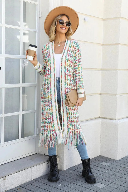 Angel Wings Full Size Multicolored Open Front Fringe Hem Cardigan - ShopEasier