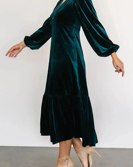 V-Neck Long Sleeve Midi Velvet Dress