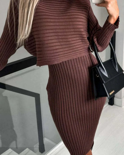 Ribbed Two-Piece Sweater Set with Round Neck Top and Cami Dress