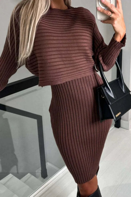 Ribbed Two-Piece Sweater Set with Round Neck Top and Cami Dress