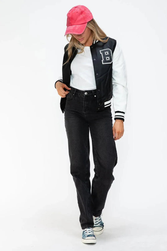 Love Me Now PU Leather Contrast Snap Down Bomber Jacket - ShopEasier