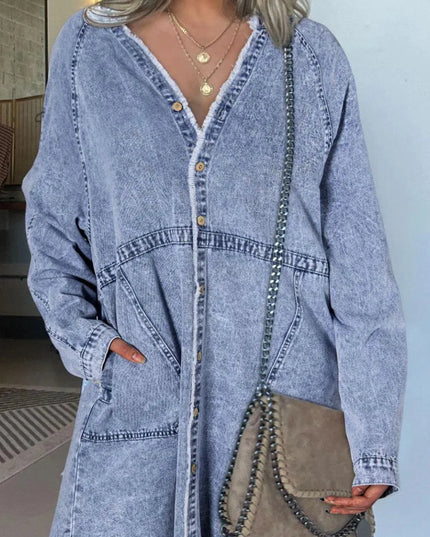 Raw Hem Button Down Long Sleeve Denim Dress - ShopEasier