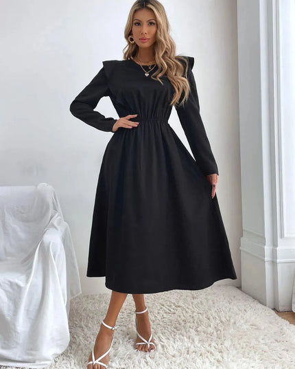 Ruched Ruffled Round Neck Long Sleeve Dress - ShopEasier