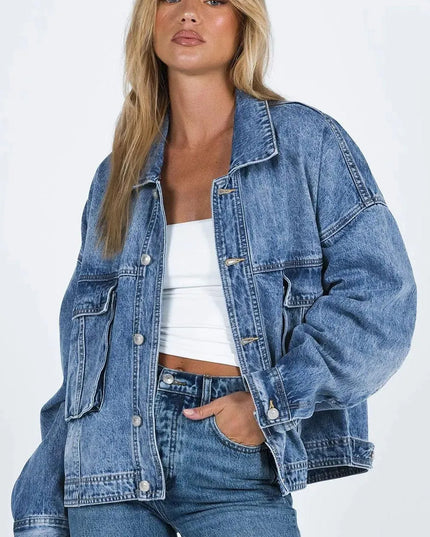 Collared Neck Button Up Denim Jacket - ShopEasier