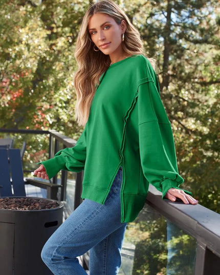 Slit Round Neck Long Sleeve Sweatshirt - ShopEasier