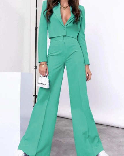 Lapel Collar Cropped Top and Wide Leg Pants Set