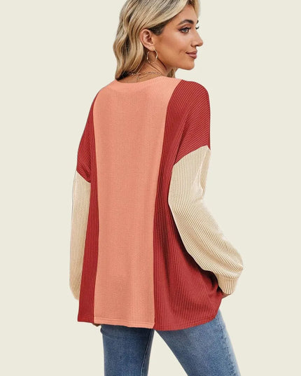 Textured Contrast Long Sleeve Round Neck Tee